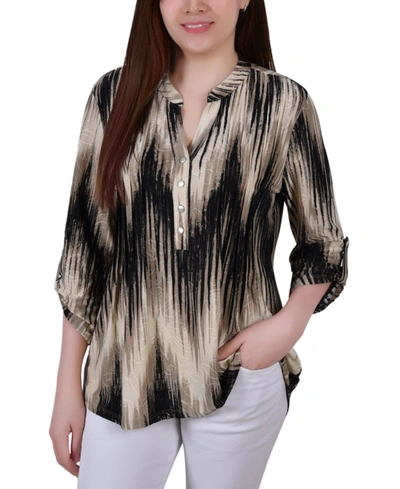 Ny Collection Women's 3/4 Roll Tab Sleeve Y-neck Top In Khaki Chevron