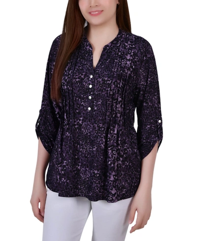 Ny Collection Women's 3/4 Roll Tab Sleeve Y-neck Top In Black