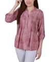 Ny Collection Plus Size 3/4 Roll Tab Sleeve Y-neck Top In Mauve Tie Dye