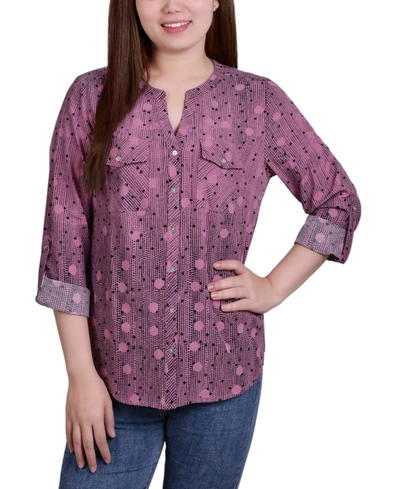Ny Collection Women's 3/4 Roll Tab Sleeve Mandarin Collar Blouse In Black/oxford Tan New Iconic