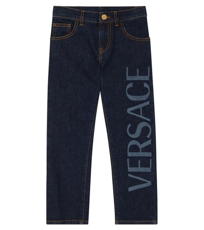 Versace Kids' Logo-print Cotton-blend Jeans In Blue