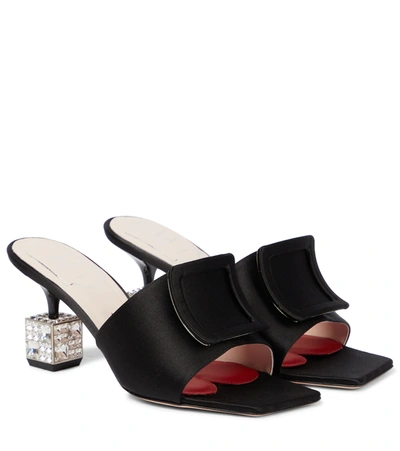 Roger Vivier Cube Crystal-heel Velvet And Leather Mules In Black