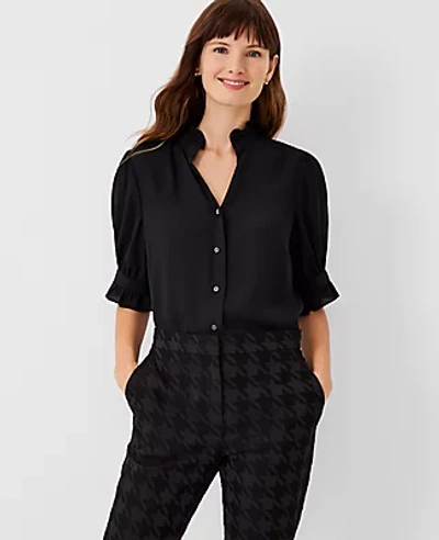 Ann Taylor Ruffle Button Top In Black