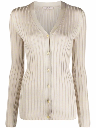 Emilio Pucci Ribbed V-neck Button-front Cardigan In Neutrals