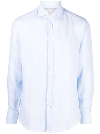 Brunello Cucinelli Stripe-print Cutaway-collar Shirt In Blu