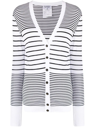 Pre-owned Chanel 1995 V-neck Striped Cardigan In White