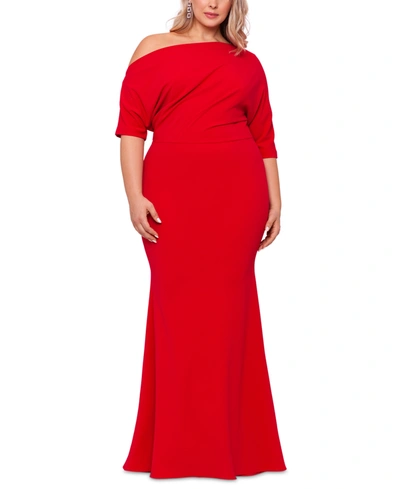 Betsy & Adam Plus Size Asymmetrical Neck Gown In Red