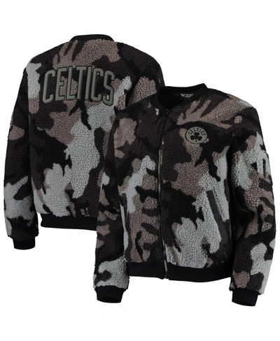 The Wild Collective Women's Black Boston Celtics Camo Sherpa Full-zip Bomber Jacket