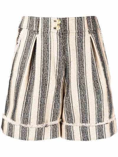 Balmain Striped Cotton Blend Piqué Shorts In Ecru,black