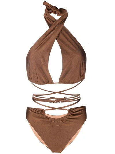 Noire Swimwear Lattice-strap Halterneck Swimsuit In Brown