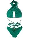 Noire Swimwear Lattice-strap Halterneck Swimsuit In Green