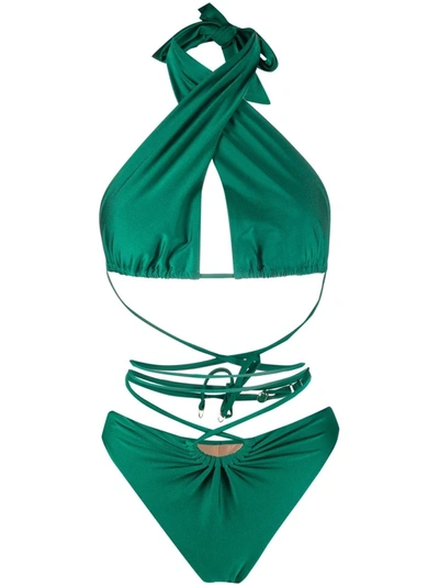 Noire Swimwear Lattice-strap Halterneck Swimsuit In Green
