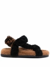 Fendi Feel Logo Detailed Shearling Sandals In Black,brown