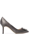 Manolo Blahnik Hangisi Pumps In Satin With Jewel Buckle In Grey