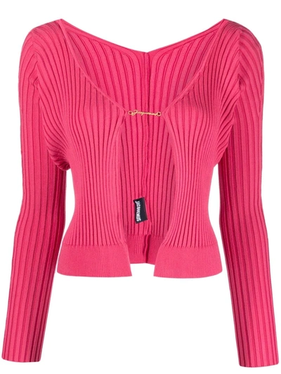 Jacquemus Pralù Cropped Embellished Ribbed-knit Cardigan In Pink