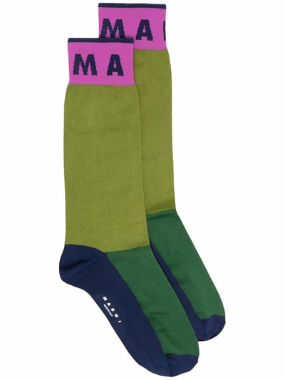 Marni Colour-block Logo-print Socks In Green