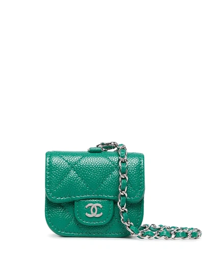 Pre-owned Chanel 2000s Diamond-quilted Flap Necklace-pouch In Green