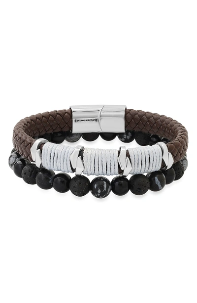 Hmy Jewelry Bead And Leather Bracelet In Brown/ Gray/ Metallic/ Black