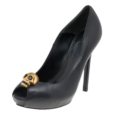 Pre-owned Alexander Mcqueen Black Leather Crystal Embellished Skull Peep Toe Pumps Size 35