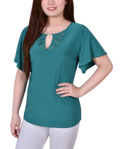 Ny Collection Women's Mesh Flutter Sleeve Knit Top In Cadium Green