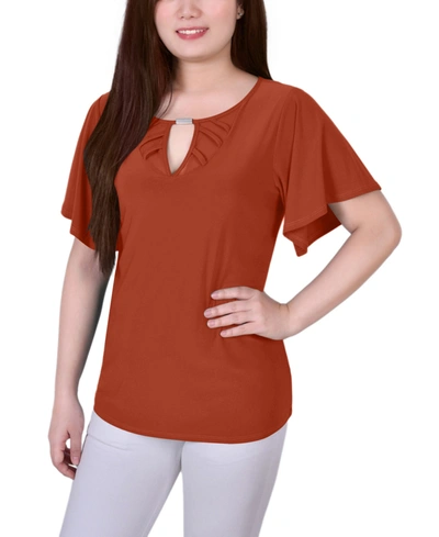 Ny Collection Plus Size Short Flutter Sleeve Knit Top In Brown
