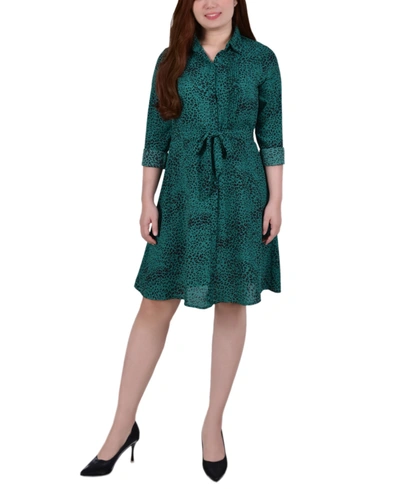 Ny Collection Petite Long Sleeve Belted Shirtdress In Green Cheetah