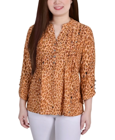Ny Collection Women's 3/4 Sleeve Overlapped Bell Sleeve Y-neck Top In Brown Leopard