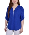 Ny Collection Plus Size 3/4 Roll Tab Zip Front Jacquard Knit Top In Royal Sakadotduo