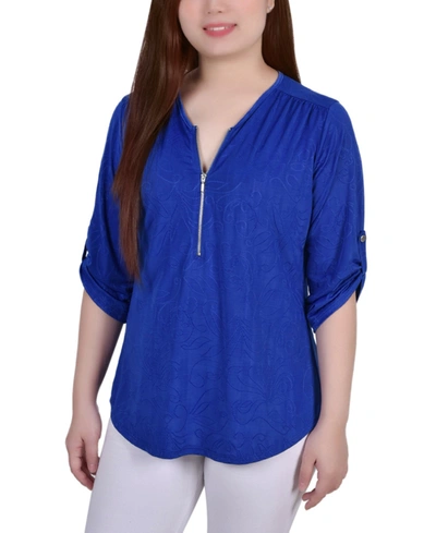 NY COLLECTION PETITE 3/4 ROLL TAB ZIP FRONT JACQUARD KNIT TOP