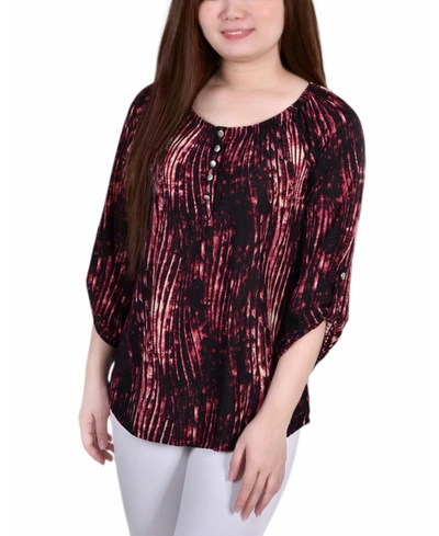 Ny Collection Plus Size 3/4 Push Tab Round Neck Henley Top In Red Swirlbreeze
