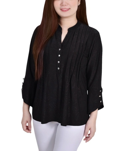 Ny Collection Women's 3/4 Sleeve Overlapped Bell Sleeve Y-neck Top In Black Sakadotduo