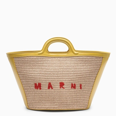 Marni Raffia And Yellow Leather Logo-embroidery Tote Bag In Beige