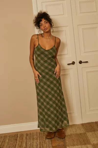 Urban Outfitters Uo Green Plaid Mesh Maxi Slip Dress ModeSens