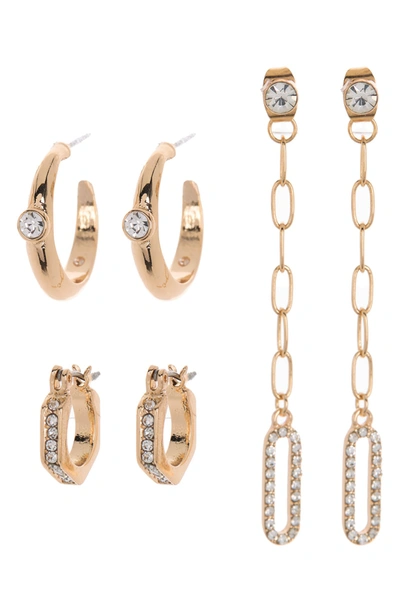 Nordstrom Rack Linear Hoop Earrings Trio In Clear- Gold