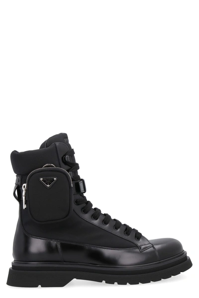 Prada Nylon And Leather Combat Boots In Black
