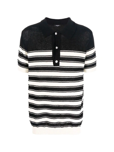 Balmain Intarsia-logo Striped Polo Shirt In Black