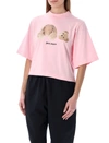 Palm Angels Pink Cotton Cropped Bear Loose T-shirt Woman In Almond
