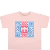 GUCCI PINK T-SHIRT FOR BABYKIDS WITH RED AND BLUE LOGO