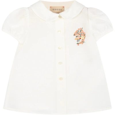 Gucci White Shirt For Baby Girl With Flowers And Logo In Bianco