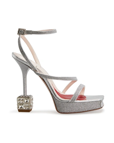 Roger Vivier Glitter Cube-heel Platform Sandals In Silver