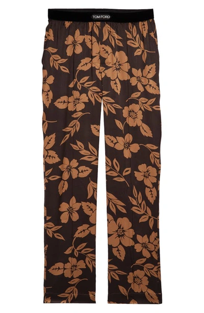 Tom Ford Velvet-trimmed Printed Stretch-silk Satin Pyjama Trousers In Caramel
