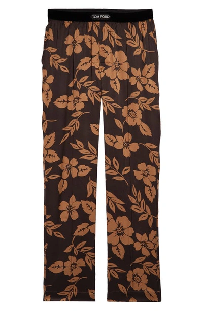 Tom Ford Velvet-trimmed Printed Stretch-silk Satin Pyjama Trousers In Brown