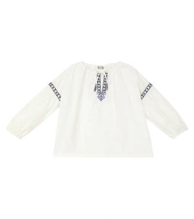 Il Gufo Kids' Embroidered Cotton Blouse In Bianco/blu