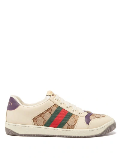 Gucci Screener Leather And Gg-supreme Canvas Trainers In Beige