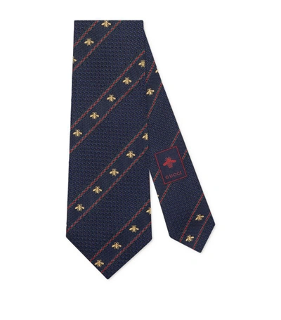 Gucci Silk Bee Web Stripe Tie In Blue