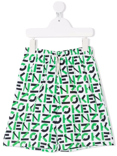 Kenzo Kids' White / Green / Blue Boys Shorts Shorts, All-over Logo Print, Waist With Elasticated Drawstring, Bac