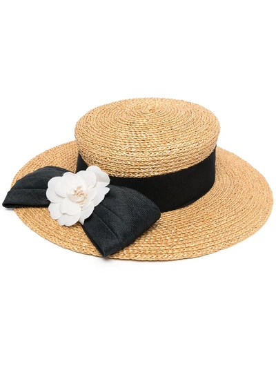 Pre-owned Chanel 1990s Camélia Motif Straw Hat In Brown