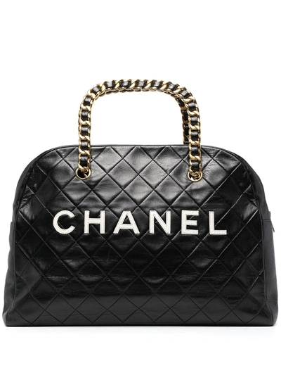 Pre-owned Chanel 1990s Logo-patch Diamond-quilted Top-handle Bag In Black