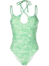 Simkhai Alayna Abstract Fern Teardrop Cutout Swimsuit In Green