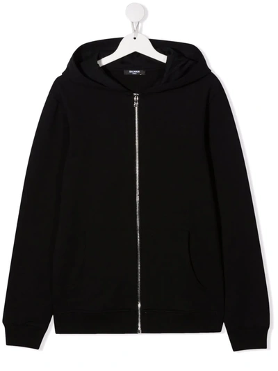 Balmain Teen Logo-print Zip-up Hoodie In Black